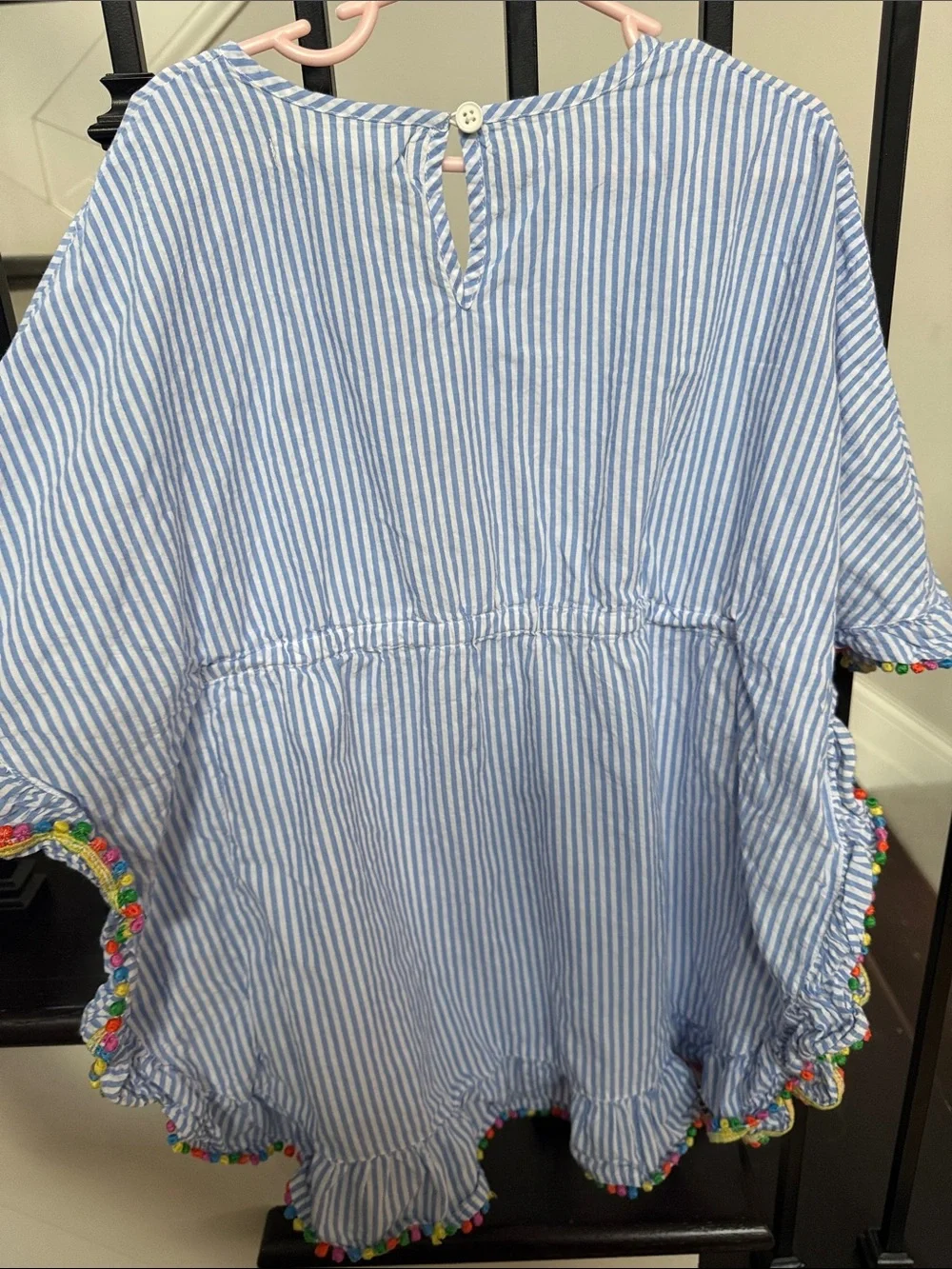 Mini Boden Blue and White Striped Kids Swim Coverup with Multicolor Pom Trim
